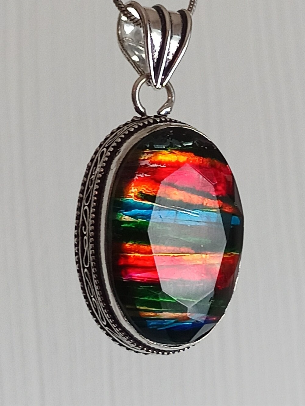 Ammolite / Dichroic Glass Iridescent Faceted Oval Silver Pendant